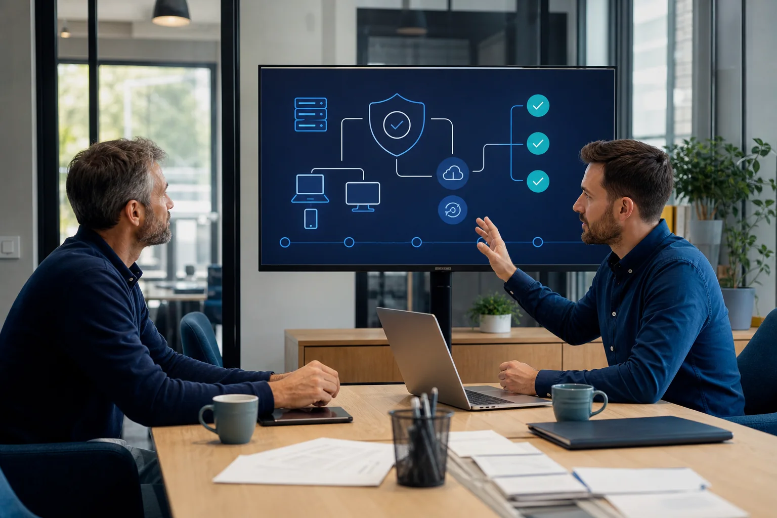 Dirigeant préparant un plan de cybersécurité avec un consultant informatique