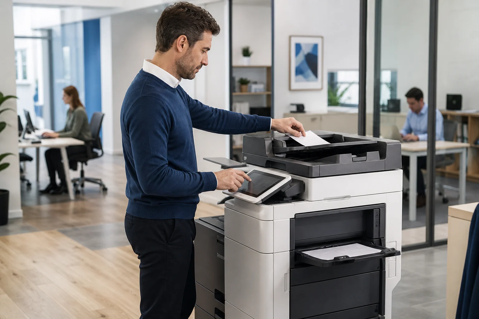 Équipe utilisant un système d’impression multifonction professionnel