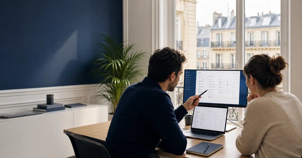 Consultant informatique et dirigeante échangeant dans un bureau parisien
