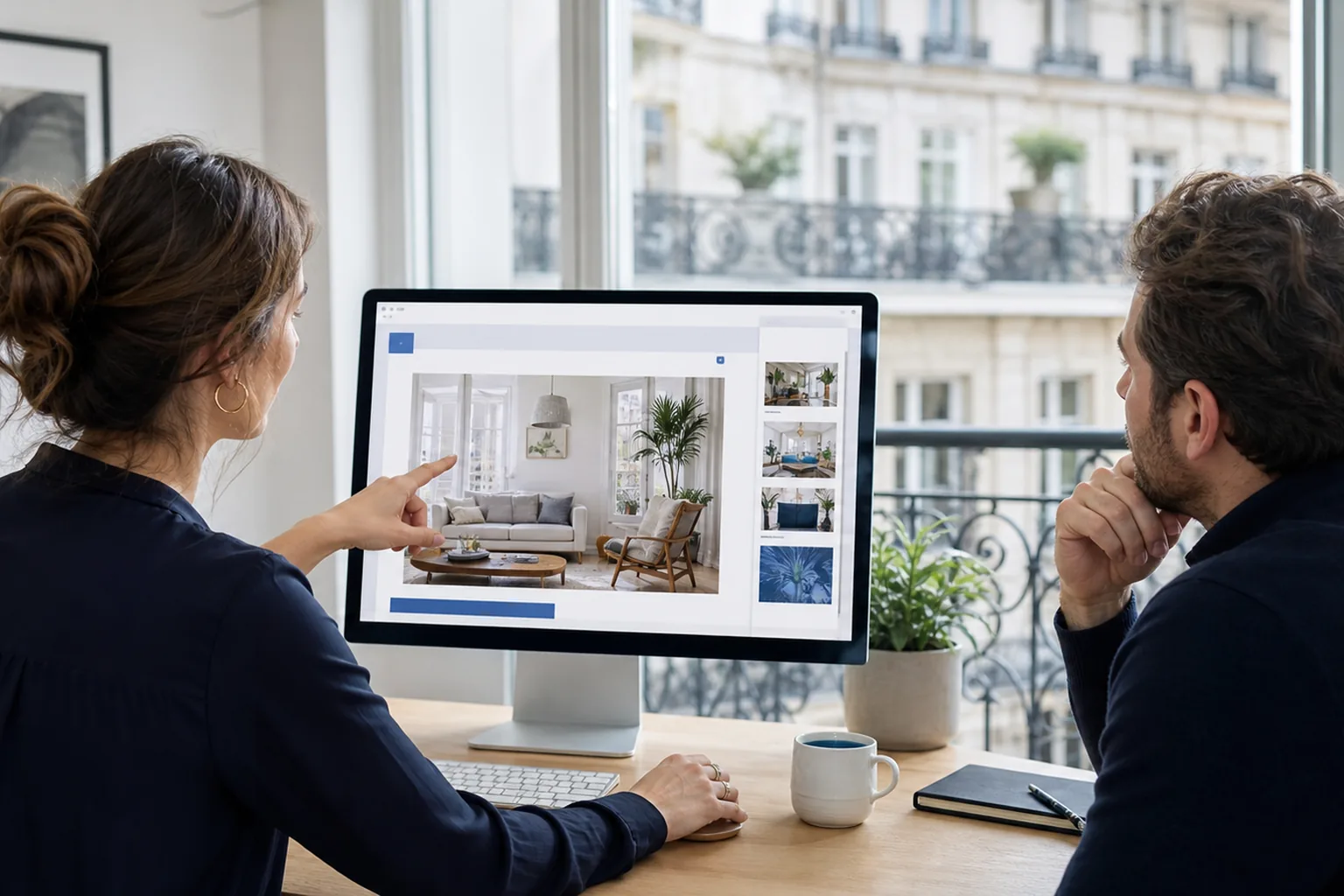 Dirigeante mettant à jour son site web avec un consultant à Paris