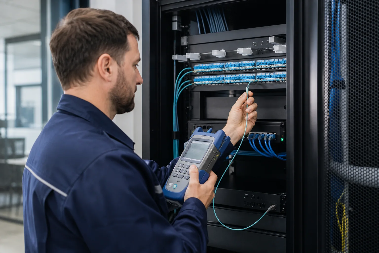 Technicien testant une liaison fibre optique professionnelle